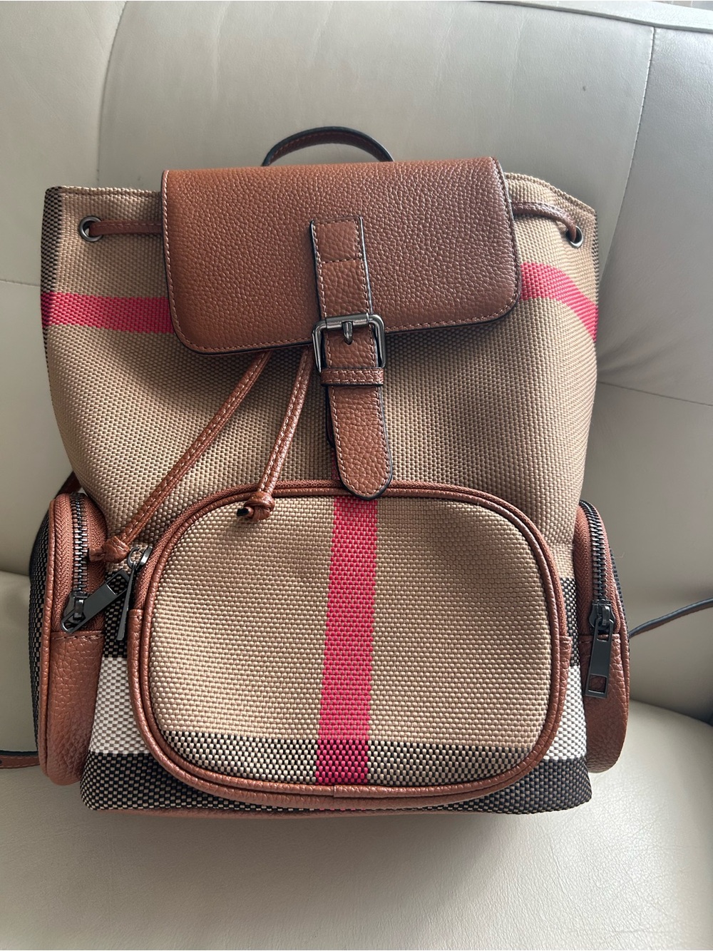 Brown Canvas and Leather Backpack with Pink Stripe